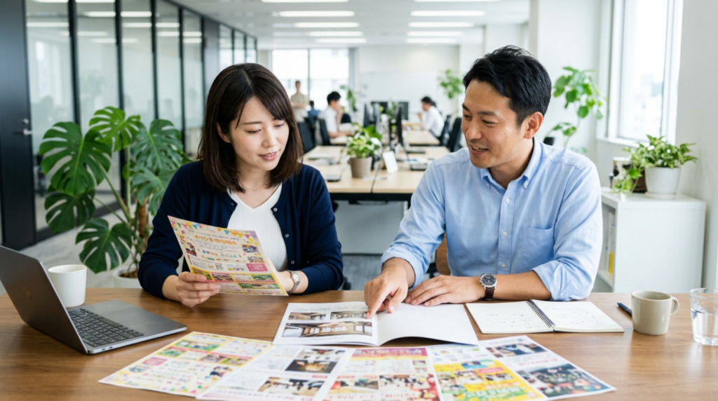 チラシを見ながら打ち合わせ